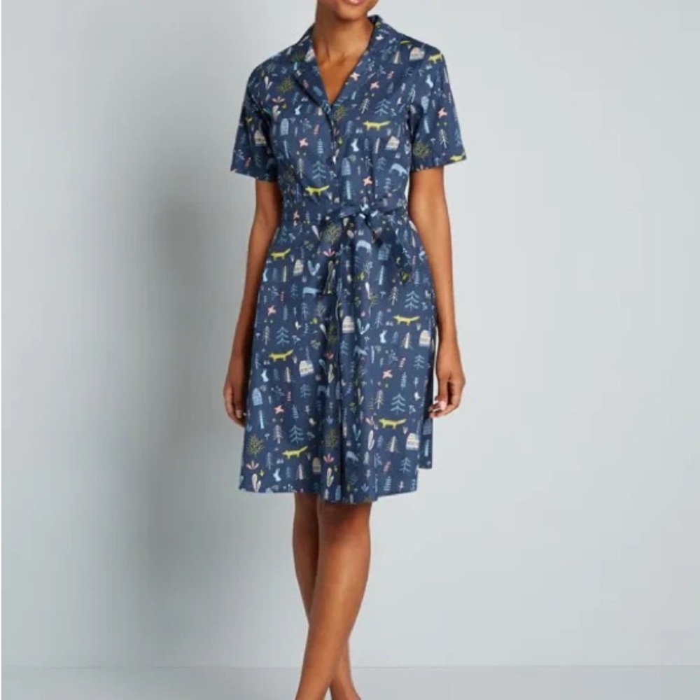 ModCloth Circus shirt dress Sz 12 forest animals Cottagecore retro anthro Vtg